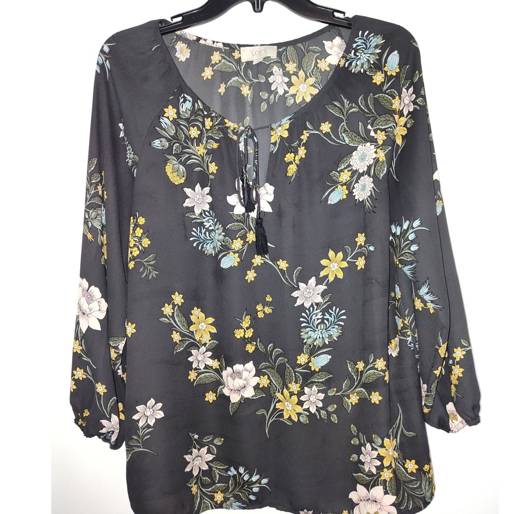 Loft Outlet Womens Gray Floral Tassel Tie Keyhole Neck Peasant Blouse Small